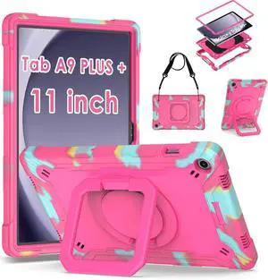 Case for  Galaxy Tab A9 Plus 11 inch Heavy Duty Shockproof Case with Rotatable Stand & Shoulder Strap Camouflage Rose Red