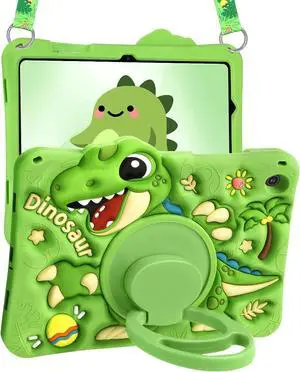 Boaretiu for Galaxy Tab A9 Plus 11 Inch 2023 Case - Cute Cartoon with Shoulder Strap & Rotating Stand for Boys Girls Teens Soft Silicone for  A9+ Tablet Case Green Dinosaur