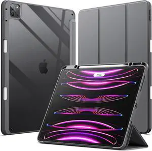 Case for iPad Pro 12.9-Inch (2022/2021/2020/2018) with Pencil Holder Clear Transparent Back Shell Slim Stand Shockproof Tablet Cover Auto Wake/Sleep (Space Gray)