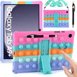 Silicone Case Compatible with  Galaxy Tab A9 Plus 11 inch 2023 (SM-X210/X216/X218) Multi-Viewing Angles Soft Anti-Stress Cover with Shoulder Strap & Stylus Pen Dazzling Pink