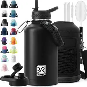 Insulated Water Bottle | Thickened Stainless Steel Vacuum Metal | Portable Sports Half Gallon Large Water Jug for Gym and Hiking with Straw Carrier Bag Handle Strap | BPA-Free 64 oz