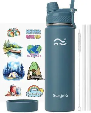 [2-IN-1 LID] Insulated Water Bottle with Silicone Boot (36hrs Cold/18hrs Hot) - DIY Stickers Leakproof BPA Free 24 oz