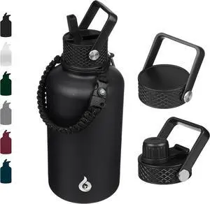 Half Gallon Insulated Water Bottles with Straw Lid 64oz Large Water Jug Stainless Steel Bottles with 3 Lids and Paracord Handle Thermos for Hot & Cold Liquid Black