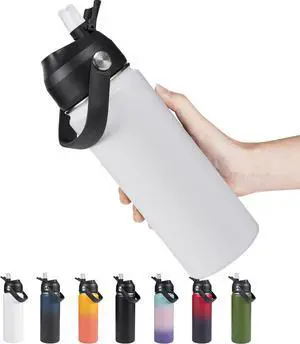 18oz Insulated Stainless Steel Water Bottle Wide Mouth Double Wall Vacuum Silicone Straw Sweat & Leak Proof BPA Free Insulated Water Flask for Travel Keep Cold 24h Hot 12h White