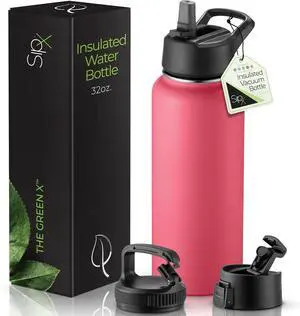 SipX? Triple-Insulated Stainless Steel Water Bottle 32oz. With 3 Lids BPA-Free Reusable Insulated Water Bottle Keeps Cold 24 Hours (Red)