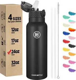 Hans Bottle Sports Water Bottle - 24 Oz Straw Lid Leak Proof Vacuum Insulated Stainless Steel Double Walled Thermo Mug Black