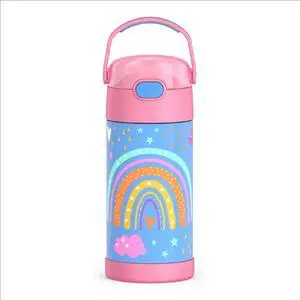 FUNTAINER Water Bottle with Straw - 12 Ounce - Kids Stainless Steel Vacuum Insulated Water Bottle with Lid Rainbow Dreams