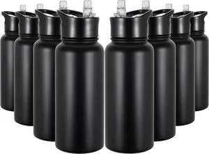 32 oz Insulated Water Bottle Bulk 8 Pack Stainless Steel Sports Water Bottles with Straw Lid & Wide Mouth Lids Double Walled Vacuum Leak Proof Black