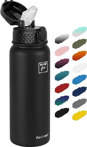 20 Oz Stainless Steel Insulated Sports Water Bottles with Straw for Kids Men and Women (Black)