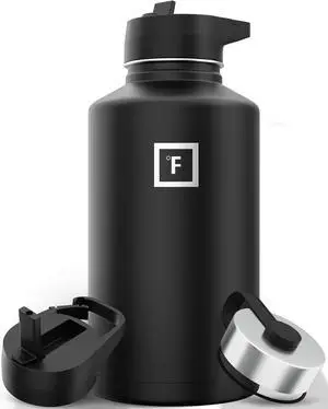 Camping & Hiking Hydration Flask with 3 Lids - Stainless Steel Double Walled & Vacuum Insulated Water Bottle - Leak Proof & BPA Free (Midnight Black Straw - 64 oz)