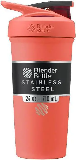 Strada Shaker Cup Insulated Stainless Steel Water Bottle with Wire Whisk 24-Ounce Full Color Coral