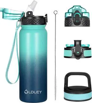 Oldley Insulated Water Bottle 20oz for Adults Kids Stainless Steel Water Bottles with Straw/Chug/Carabiner 3 Lids Fruit Strainer Double Wall Vacuum Wide Mouth BPA Free Leak-Proof for School Travel