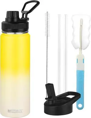Insulated 24oz Stainless Steel Water Bottle with Straw & 2 Lids - Sports Metal Thermos Cup - Double Walled Vacuum Insulated Bottle - Leak-Proof Travel (Ginger Yellow)