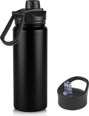 24oz Insulated Water Bottle with Straw Lid Stainless Steel Metal Water Bottle with Straw & Wide Mouth Lid Double Wall Vacuum Water Bottle for Hiking Camping Black 1 Pack