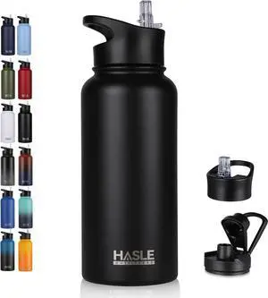 32 oz Insulated Water Bottle Stainless Steel Double Walled Vacuum Sports Water Bottle with 2 Lids (Straw and Spout Lid) for Gym Camping Hiking(Black 1)