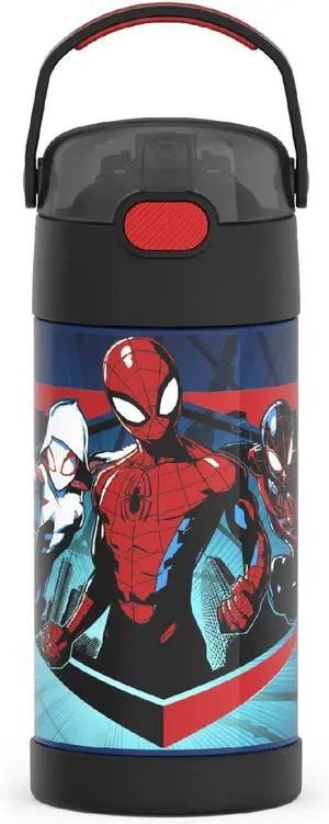 FUNTAINER Water Bottle with Straw - 12 Ounce - Kids Stainless Steel Vacuum Insulated Water Bottle with Lid Spider-Man