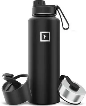 Camping & Hiking Hydration Flask with 3 Lids - Stainless Steel Double Walled & Vacuum Insulated Water Bottle - Leak Proof & BPA Free (Midnight Black Spout - 40 oz)