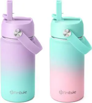 Kids Insulated Water Bottle - 14oz BPA-FREE 18/8 Stainless Steel Travel Tumbler Leak Proof Double Wall Vacuum Kid Cup with Straw Metal Water Bottle for School Boys Girls2 Pack Candy/Bubble