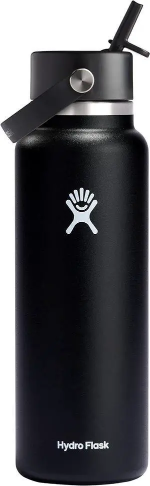 40 Oz Wide Flex Straw Cap Bottle - Insulated Stainless Steel - Wide Straw Lid Non Spill Leakproof in Black