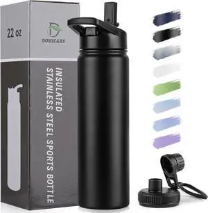 Insulated Water Bottle 22 oz Vacuum Insulated Stainless Steel Reusable Sports Bottle with Straw Lid & Spout Lid for Travel Camping Bike Leakproof Black 1 Pack