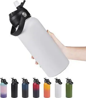 32oz Insulated Stainless Steel Water Bottle Wide Mouth Double Wall Vacuum Silicone Straw Sweat & Leak Proof BPA Free Insulated Water Flask for Travel Keep Cold 24h Hot 12h White