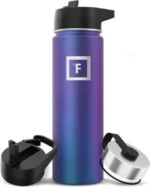 Camping & Hiking Hydration Flask with 3 Lids - Stainless Steel Double Walled & Vacuum Insulated Water Bottle - Leak Proof & BPA Free (Aurora Straw - 22 oz)