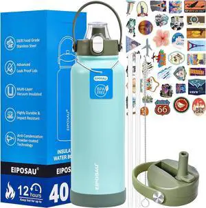 Insulated Water Bottle with Lid & Boot & Stickers 40 oz Stainless Steel Sweat Free Bottle Keep Cold 24H BPA-Free Sports Wide Mouth Water Bottle Green