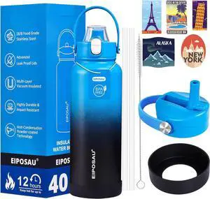 Insulated Water Bottle with Lid & Boot & Stickers 40 oz Stainless Steel Sweat Free Bottle Keep Cold 24H BPA-Free Sports Wide Mouth Water Bottle BlueBlack