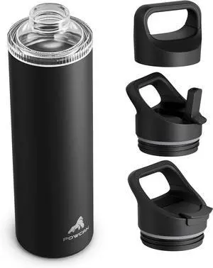 24 oz Insulated Water Bottle for Sports: 3 Lids Leakproof Keep Cold 24H Car Cupholder Friendly Stainless Steel Water Flask with Straw and Spout Caps for Gym School Work Cycling (Midnight Black)