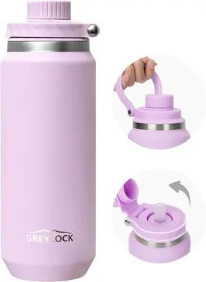 GREYLOCK 24 oz Insulated Water Bottle with Straw Lid Leakproof Reusable Stainless Steel Vacuum Flask 24hr Cold & Hot Carry Handle & Silicone Spout BPA-Free for Gym Hiking Travel Purple