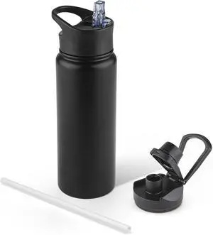24 oz Insulated Water Bottle with Straw Lid & Wide Mouth Lids Stainless Steel Sports Water Bottles Double Walled Vacuum Leak Proof Black