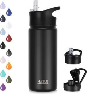 Insulated Water Bottle 16 oz Double Wall Vacuum Stainless Steel Water Bottle Leak Proof Wide Mouth with Straw Lid & Spout Lid Keeps Cold and Hot(Black 1pack)