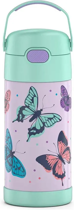 FUNTAINER Water Bottle with Straw - 12 Ounce - Kids Stainless Steel Vacuum Insulated Water Bottle with Lid Butterfly Frenzy