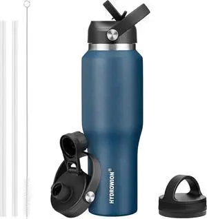 32oz Stainless Steel Water Bottle(Cold for 48 Hrs Hot for 24 Hrs) Double Wall Vacuum Insulated Water Flask with Straw Lid Spout Lid and Flex Cap Fit in Any Car Cup Holder Cobalt