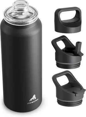 40 oz Insulated Water Bottle for Outdoors: 3 Lids Leakproof Keep Ice 24H and Hot 12H Double Wall Large Metal Water Flask with Handle for Camping Hiking Climbing Workout Travel (Midnight Black)