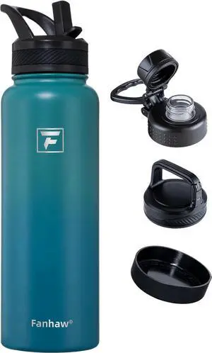 40 oz Insulated Water Bottle  Stainless Steel Flask with 3 Lids (Straw Spout Carabiner) | Durable Leakproof for Hiking Camping Outdoor Adventures & Travel(Green Blue)