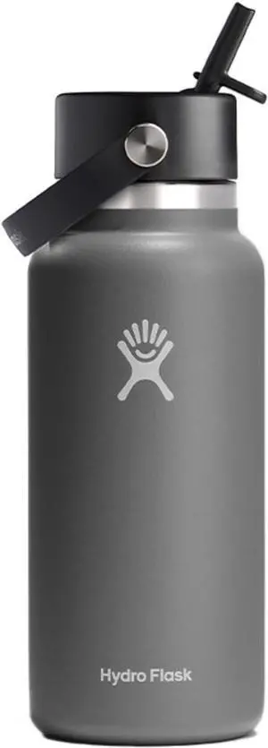 32 Oz Wide Flex Straw Cap Bottle - Insulated Stainless Steel - Wide Straw Lid Non Spill Leakproof in Stone