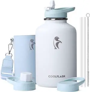 64 oz Water Bottle Insulated with PU Leather Sleeve Half Gallon Water Bottle Color Contrast with Straw Lids Stainless Steel Metal Large Water Jug Keep Cold 48h Hot 24h Glacier White