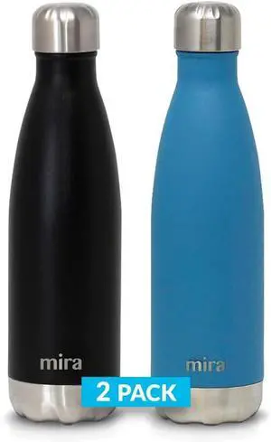 2 Pack 17 oz Insulated Water Bottle - Stainless Steel Cola Shape Thermos - Double Wall Hot & Cold Flask (24Hr Cold/12Hr Hot) - Black & Hawaiian Blue