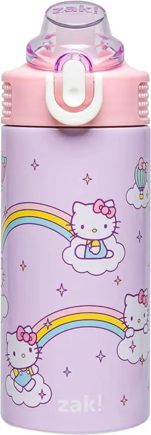 Sanrio Sage Kids Water Bottle For School or Travel 14oz Stainless Steel Water Bottle With Straw Handle and Leak-Proof Pop-Up Spout Cover (Hello Kitty)