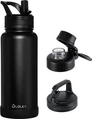 32 oz Insulated Water Bottle With Straw Stainless Steel Sports Water Cup Flask with 3 Lids(Straw Spout and Handle Lid) Double Walled Travel Thermal Canteen Mug Black