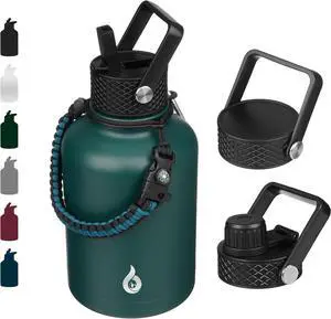 Insulated Water Bottles with Straw Lid 50oz Large Water Jug Stainless Steel Vacuum Bottles Hot & Cold Thermos with 3 Lids and Paracord Handle Army Green