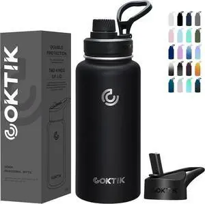 32 oz Sports Water Bottle With Straw 2 Lids Stainless Steel Vacuum Insulated Water Bottles Leakproof Lightweight Keeps Cold and Hot Great for Travel Hiking Biking Running (Black)