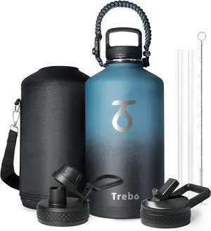 One Gallon Water Bottle Insulated with Paracord Handle 128oz Large Stainless Steel Water Jug Vacuum Double Wall Insulated 24hr Cold Retention Leakproof Flask with 3 Lids Indigo Black