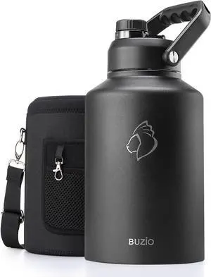 1 Gallon Water Bottle Insulated (Cold for 48 Hrs) 3.58in Big Wide Mouth Leak Proof 128oz Large Water Jug Stainless Steel Metal Flask with Handle for Camping Outdoor Work Travel Hiking Black