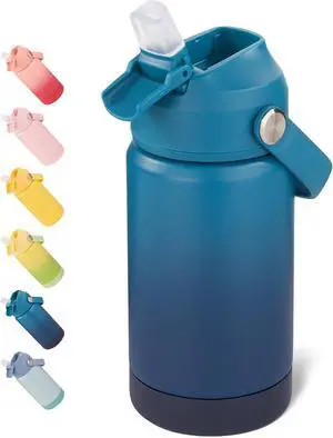12 oz Water Bottle Kids Water Bottles for School Toddler Water Bottle with Straw & Handle 304 Stainless Steel Insulated Water Bottle Non-slip Silicone Base BPA Free Gradient Blue