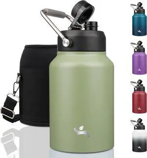 Half Gallon Jug with Handle 64 oz Insulated Water Bottle with Carrying Pouch Double Wall Vacuum Stainless Steel Metal Bottle Camp Green