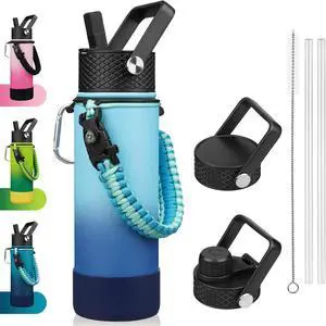 Insulated Water Bottle with Straw Lid 22oz Thermos Water Bottles with 3 Lids Paracord Handle & Non-slip Boot BPA Free Leak Proof Stainless Steel Tumblers Sky