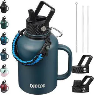 Large Insulated Water Bottles with Straw Lid & Handle 50oz 64oz 87oz 128oz Water Bottle with 3 Lids and Paracord Strap Stainless Steel Metal Water Bottle Insulated Water Jug Navy Blue