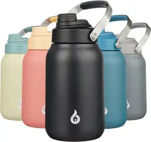 Half Gallon Insulated Water Bottles 64oz Water Jug with Metal Handle & BPA Free Spout Lid Dishwasher Safe Thermos Large Stainless Steel Gym Sport Jugs Black
